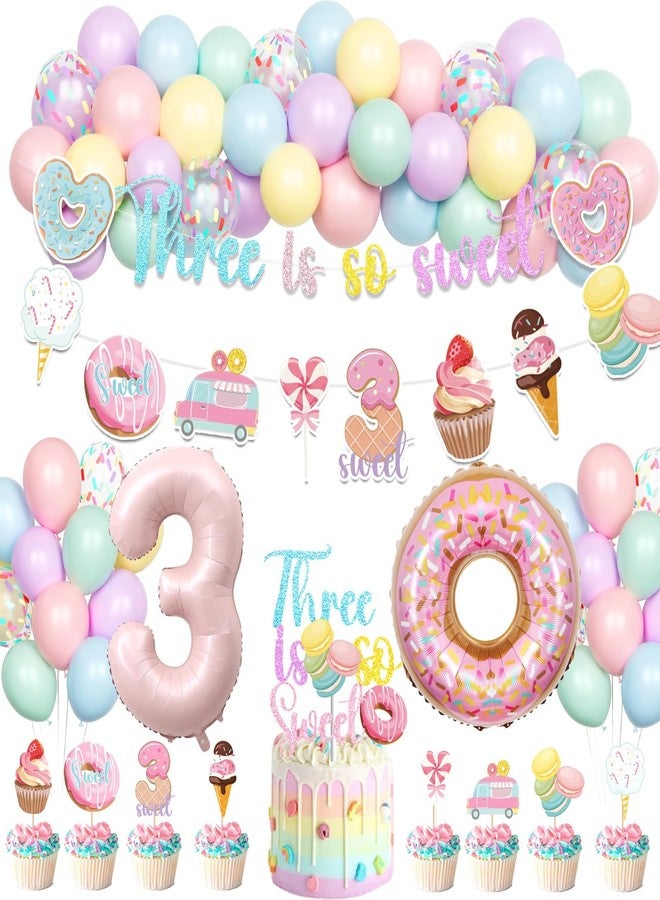 Hombae Three Is So Sweet Birthday Party Decorations, 3rd Birthday Decorations for Girls, Donut Birthday Party Supplies with Banner Cake Topper Foil Balloon for 3 Year Old Sweet Party - Image 1